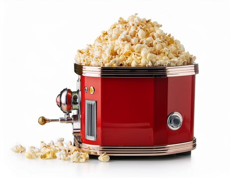 retro red popcorn machine with fresh popcorn isolated on white background