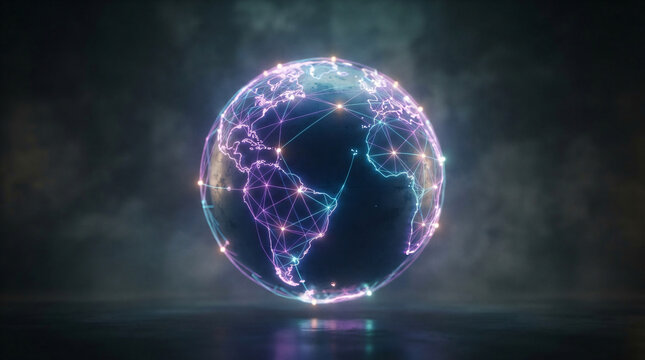 Artificial intelligence global neural network concept, futuristic 3D planet sphere with glowing purple and cyan nodes, digital machine learning technology abstract background