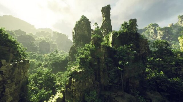 Sunlit karst towers cloaked in mist, verdant jungle folding around limestone pinnacles, warm morning rays filtering through canopy, tranquil atmosphere ideal