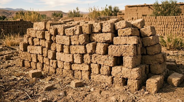 A large stack of handmade mud bricks sits outdoors