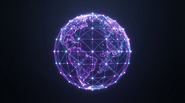 Artificial intelligence global neural network concept, futuristic 3D planet sphere with glowing purple and cyan nodes, digital machine learning technology abstract background