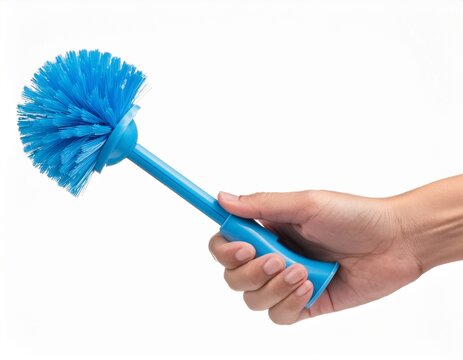 hand holding a blue toilet brush with bristles isolated on white background