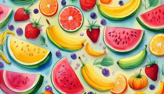 colorful seamless pattern of various fruits including watermelon oranges strawberries and bananas in a watercolor style