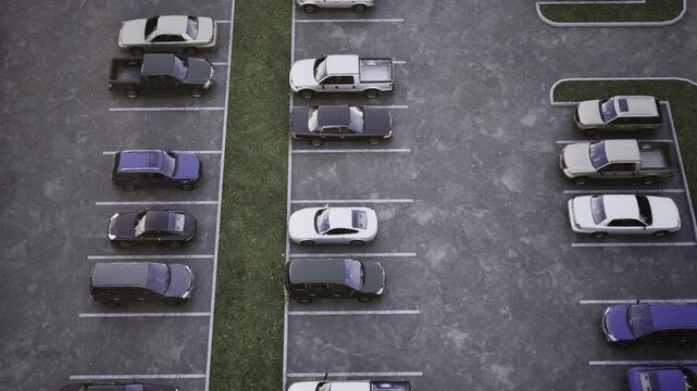 Aerial view parking lot morning, rows of parked cars flanking central grass divider, soft dawn light, textured asphalt, empty pedestrian paths, orderly spaces,