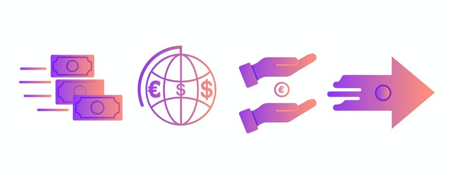 Gradient Vector Icon Set Illustrating Global Peer to Peer Financial Transactions and Fast Money Transfer Services