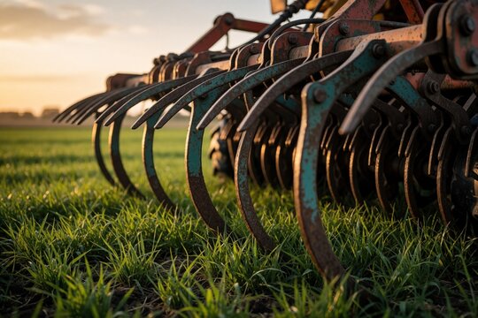 Tractor cultivator tines dig into green field. Agricultural machine prepares land for planting crops at sunset. Rural farming equipment works.