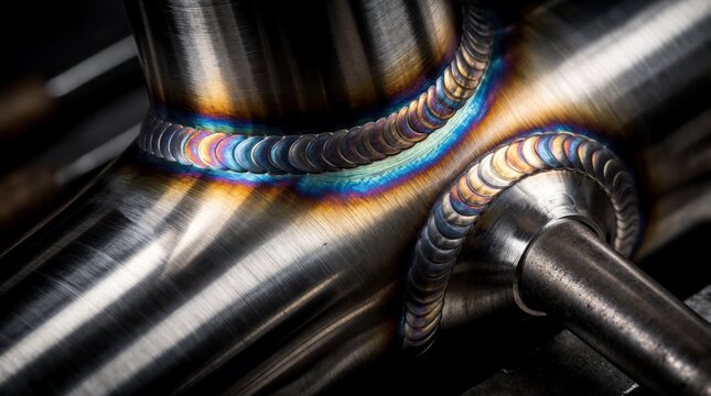Close up view of stainless steel pipe connection with pro TIG weld seams. Rainbow heat tint colors create pattern on metal surface. Industrial manufacturing shows high quality craft mastery. Manual