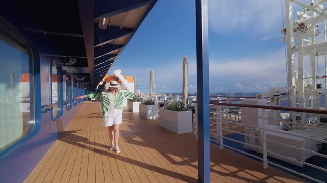 Stylish woman wearing tropical print blouse and sun hat strolls along modern cruise ship deck on sunny day. Blue sky, white safety equipment, teak flooring and ocean views create relaxing travel.