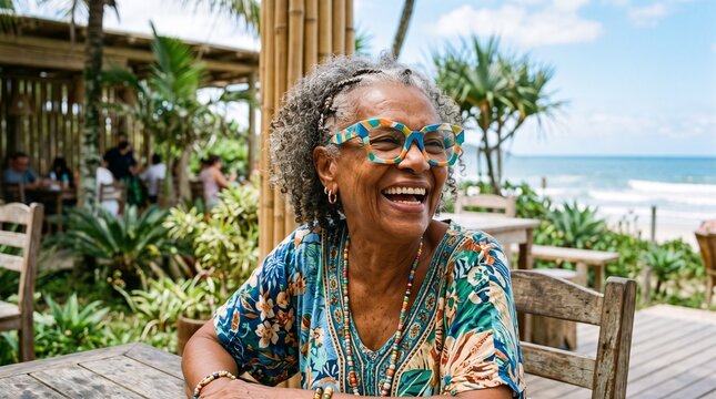 Joyful elderly woman with colorful glasses laughing at a beachside cafe with ocean view brazilian atmosphere