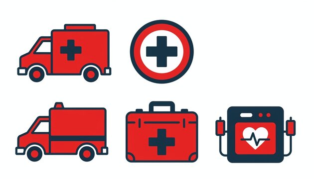 Professional Emergency Medical Services Vector icon Set Featuring Ambulance Vehicles First Aid Kits And Portable Defibrillator Equipment Designs