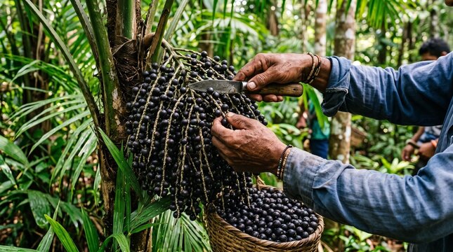 Farmer harvesting fresh acai berries from palm tree in lush green rainforest with basket brazilian atmosphere