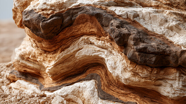 Rock layers reveal ancient geological history through distinct bands of sediment and compressed earth.
