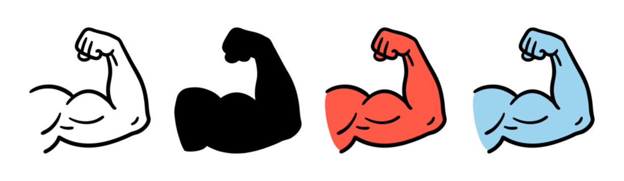 A set of four stylized arm icons showing biceps flexing in various colors including black red and light blue