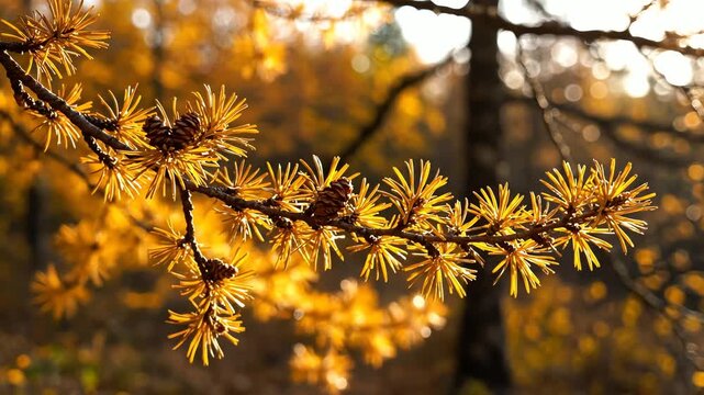 Golden autumn larch tree branches in sunlight