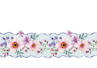 Seamless floral border with purple and pink flowers on a blue background. Hand painted, for decoration. © Lana