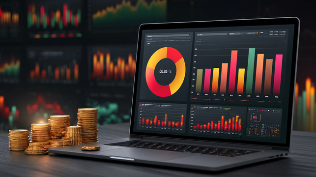 Laptop computer displays complex financial data analytics and colorful bar charts next to a stack of gold coins on a dark office desk.