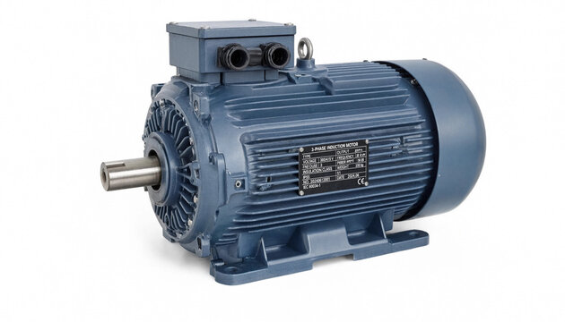 Blue industrial three phase electric motor isolated on white background