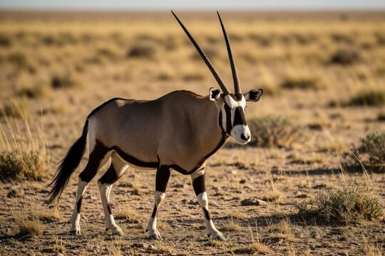 Gemsbok antelope with long straight horns walks across dry grassy savanna plain. Large oryx mammal stands in African desert landscape during daytime. Wildlife nature fauna scene.