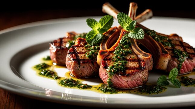 Grilled lamb chops served on white plate with green herb sauce, fresh mint garnish. Juicy meat cutlets show charred grill marks. Tasty gourmet meal prepared for luxury dinner party fine restaurant