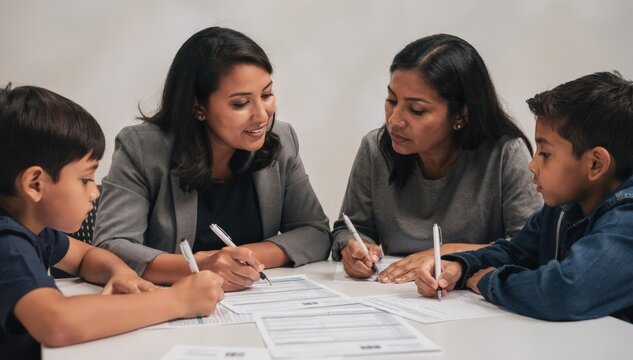 Medium shot featuring an interpreter helping a family fill out public benefits applications emphasizing clear communication with a plain blurred background.