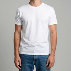 Obraz premium Young man wears plain white cotton t shirt, blue denim jeans. Person stands against grey studio wall. Male model sports casual outfit for summer fashion branding mockup. Minimalist clothing style