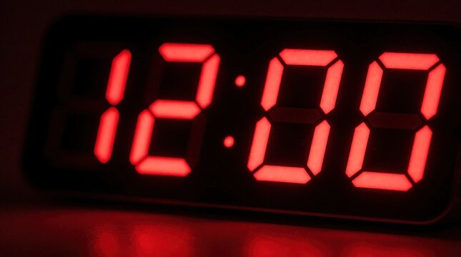 Red digital clock shows 12 00 at midnight. Glowing numbers display time on dark background. Electronic alarm clock glows in dark room during night. Simple timer shows hours and minutes in red light.