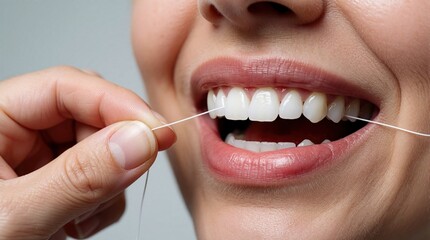 Fototapeta premium Dental hygienist shows correct flossing technique to patient. Specialist demonstrates how to clean gaps between teeth using white dental floss thread. Person learns healthy mouth routine habits at
