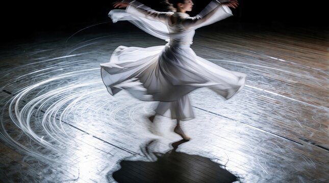 Female dancer wears white dress spinning in studio. Motion blur effects follow circular movement on wooden floor. Professional artist performs graceful turn with light trails creating dynamic energy.