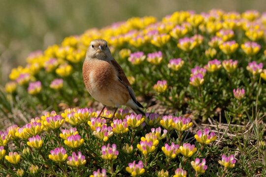 Common linnet bird rests on pink and yellow flowers during daylight. Small songbird sits among colorful wild plants in nature. Focus on avian detail in meadow habitat.