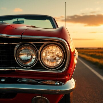 Front view of vintage red car on asphalt road at golden sunset. Shiny chrome bumper with round headlights reflect orange evening sky light. Retro automobile travel concept on highway background.