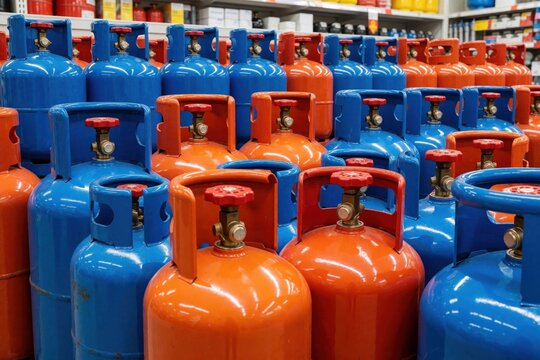 Rows of blue, orange metal gas cylinders with red valves sit on warehouse shelves. Steel containers store propane butane fuel for industrial, domestic heating use. Many pressurized tanks organized
