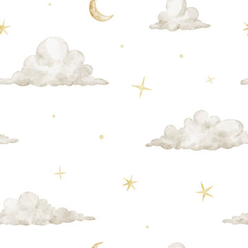 Cloud seamless watercolor pattern isolated on background. Celestial repeat with golden stars for fabric, nursery wallpaper and baby bed linen. Childish backdrop in pastel colors for wrapping paper.