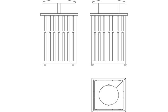 Technical vector drawing showing side elevations, front views with vertical slats, and a top plan layout of a square trash bin, waste basket, or outdoor litter container with a raised canopy cover and