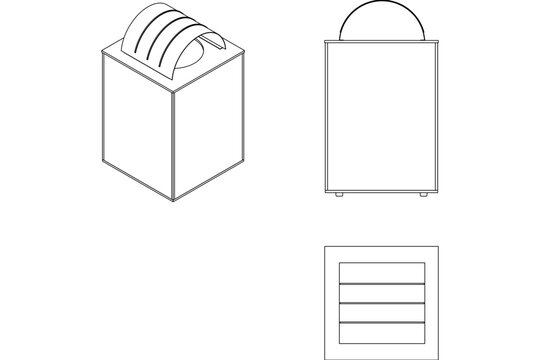 Technical CAD set of waste containers showing an isometric wastebasket with a lid, a front elevation of a wheeled bin, and a top-down plan view.