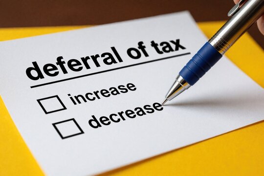 Person holds pen over paper document with tax deferral form. Checkbox options allow selecting increase decrease of fiscal payments. Accountant fills financial paper application for legal business