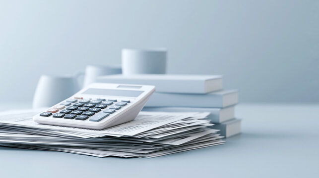 Calculator atop a stack of paperwork with books and cups in a soft blue setting.