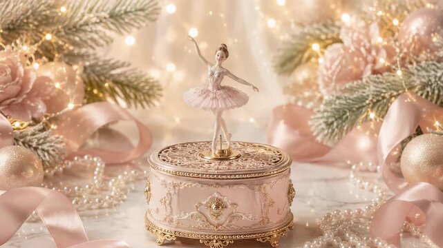 Musical jewelry box with dancing ballerina figurine for Christmas decor. Elegant pink music box with dancer statue. Festive holiday gift and winter home interior