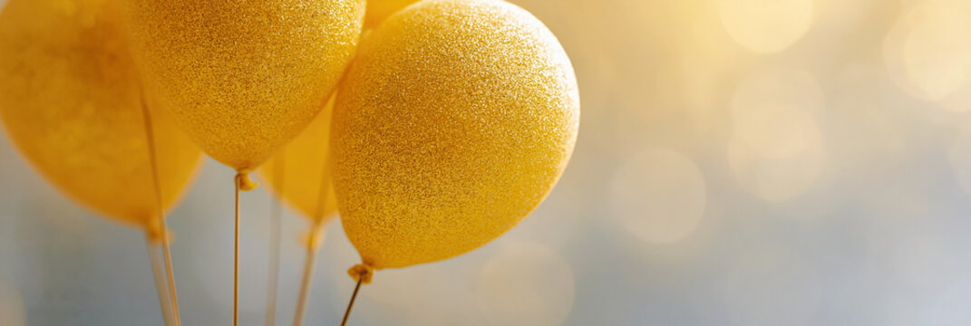 Bright yellow balloons shimmering against a soft background create a cheerful mood.