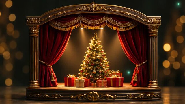 Miniature theater stage with Christmas tree and gift boxes. Festive holiday scene with red curtains for seasonal performance. Magical Christmas decor setup