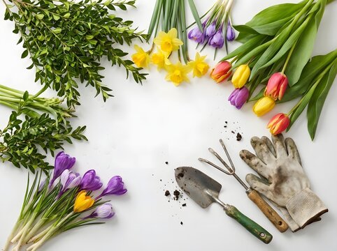 Spring gardening tools and fresh flowers including tulips daffodils crocus and greenery arranged on a white background