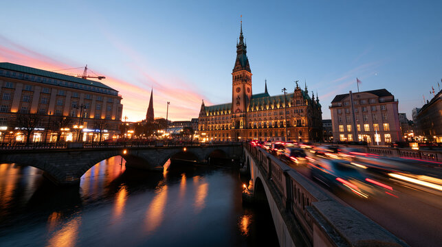 Hamburg City Hall at Sunset with Traffic Light Trails