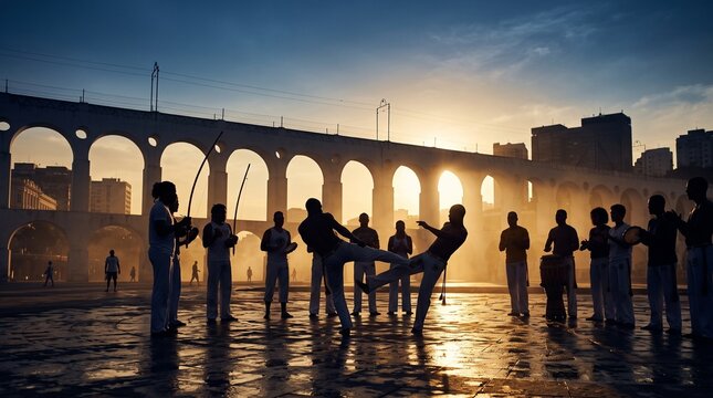 Capoeira Performers Practicing Near Arcos da Lapa at Sunset