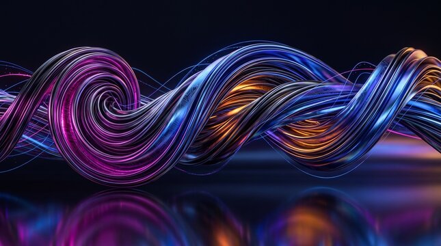 Abstract Futuristic Glowing Metallic Fiber Optic Data Stream