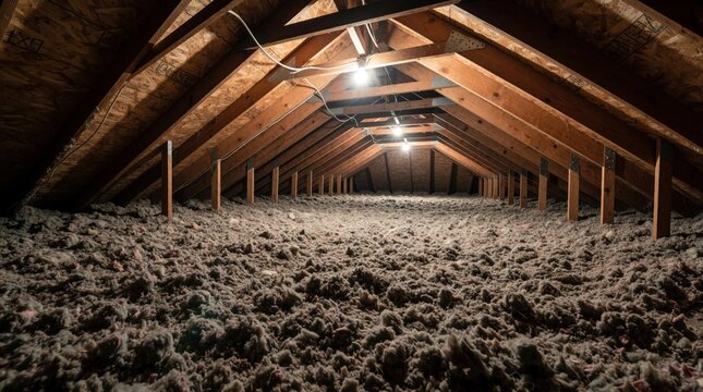 Attic interior floor covered with grey blown in thermal insulation material. Wooden rafters, beams support dark roof structure. Bright light bulbs illuminate home ceiling space. Construction site