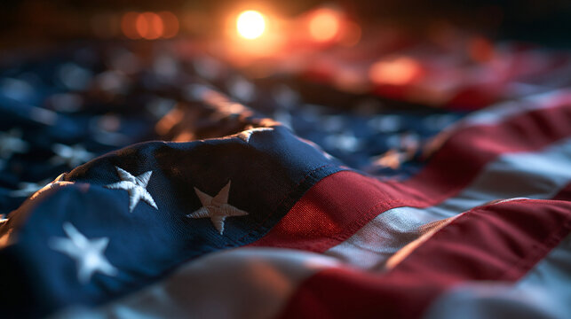 Waving American Flag Close Up with Warm Glowing Bokeh