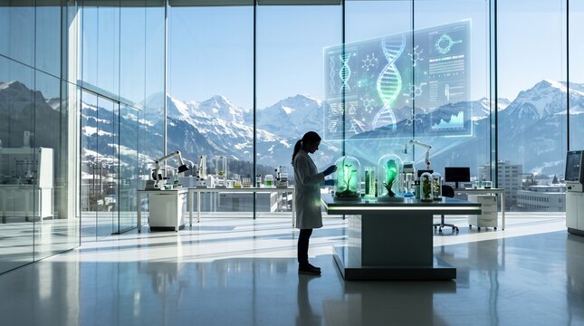 Scientist Researching Plant DNA in Modern Futuristic Laboratory