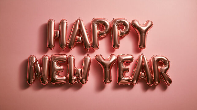 Happy New Year Text Made of Rose Gold Foil Balloons on Pink Background