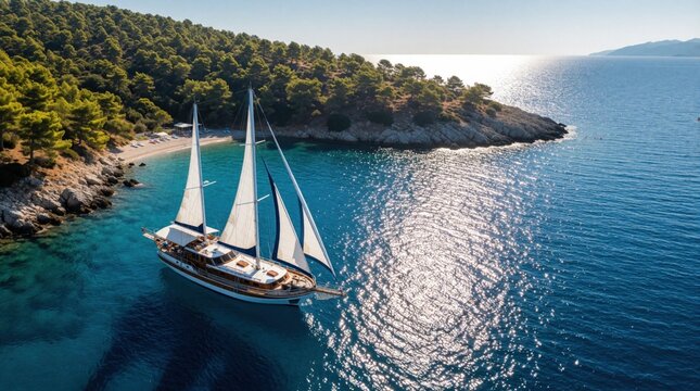Wooden gulet boat with sails glides on clear blue Aegean sea near green island coast. Sunlight sparkles on calm water surface. Tropical vacation scene.