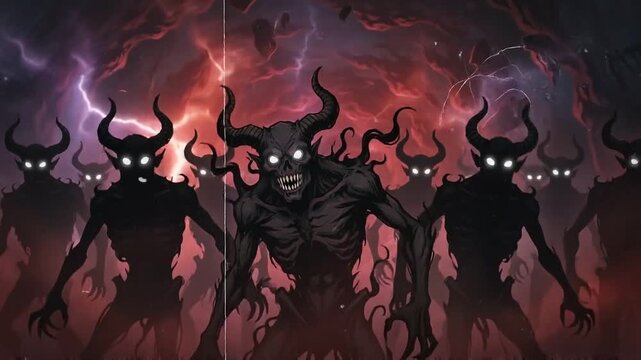 Terrifying demonic figures emerge from a swirling red vortex reaching out with clawed hands in a dark horror themed scene with video central demonic creature horns glowing eyes