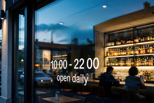 Restaurant window displays opening hours 10 00 to 22 00 daily. Inside, friends sit at bar with stocked shelves of wine bottles. Evening city street lights reflect dimly.